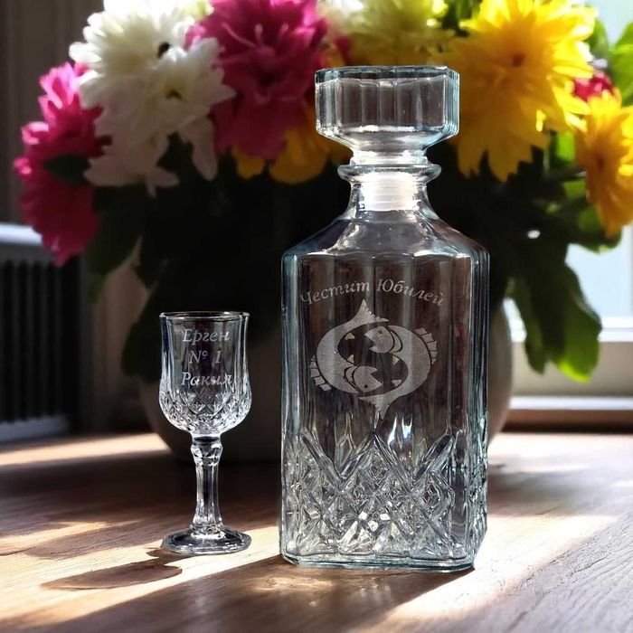 Лазерно гравирана стъкленa гарафа + Стъклена чаша за ракия