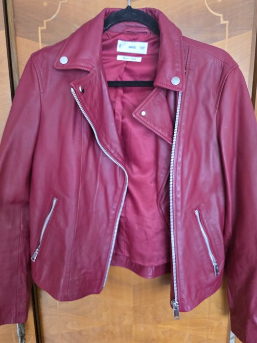 Geaca piele naturala grena, marime S, Mango