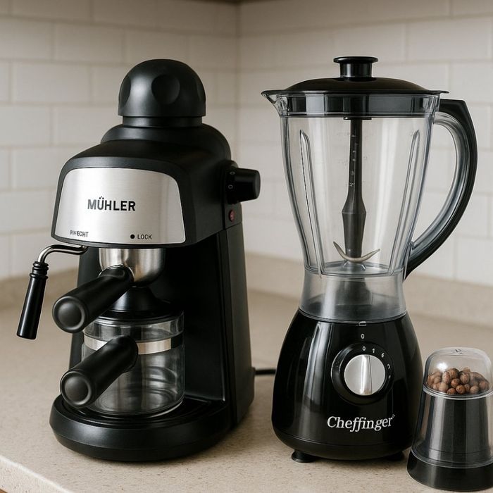 Комплект от еспресо машина MUHLER MCM-33 + 2 стъклени чаши и блендер с