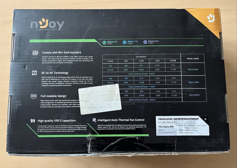 Sursa nJoy Alpha 850W, 80+ Gold