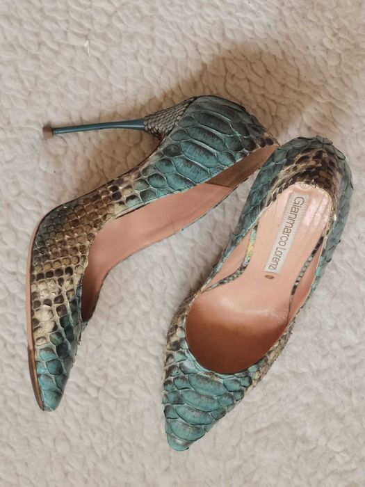Pantofi lux stiletto toc metalic piele piton turcoaz Gianmarco Lorenzi
