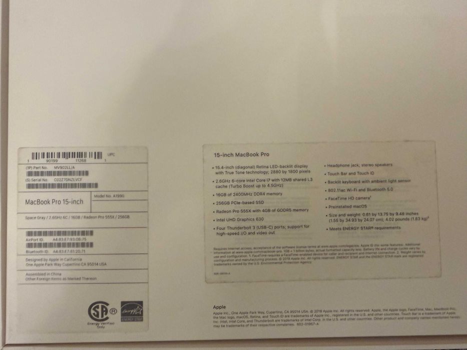 Macbook Pro 15,4" model A1990 2019 touch bar i7 16gb 256Gb