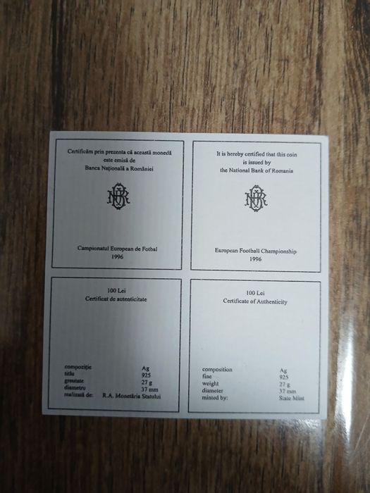 Moneda argint 925 Campionatul de Fotbal 1996