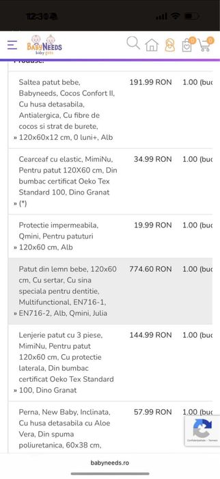 Patut pentru bebe din lemn, cu sina speciala pentru dentitie