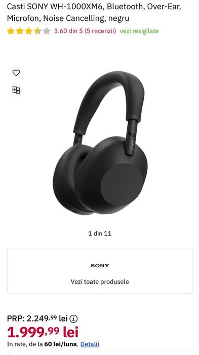Casti SONY WH-1000XM6, Bluetooth, Over-Ear, Microfon, Noise Cancelling