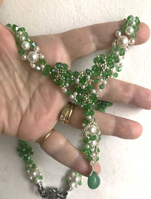 Colier si cercei handmade cu perle,cristale verzi,argint si amazonit