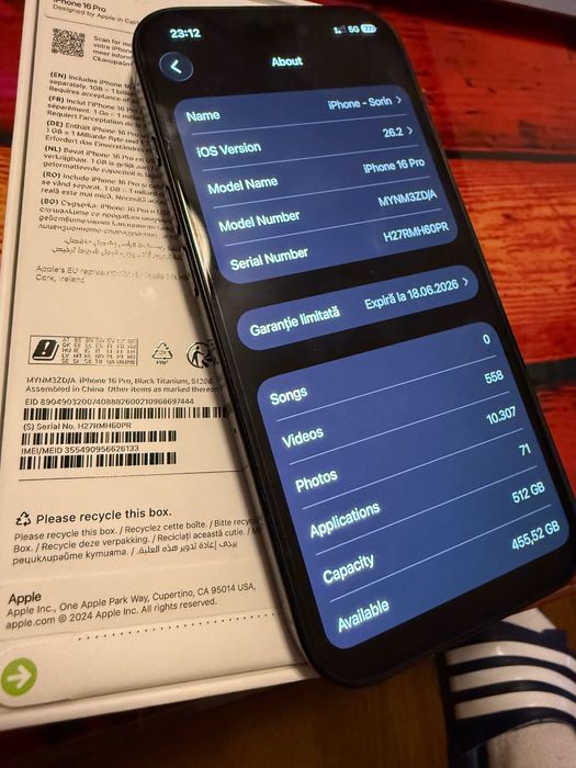 iPhone 16 pro black 512gb ca nou, 100% baterie folosit 6 luni, factura