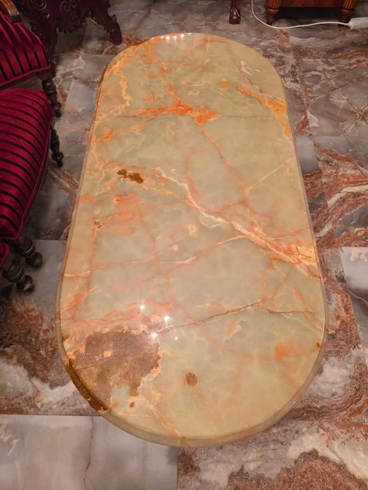 Masă de salon, vintage cu blat din onix și picioare din bronz masiv