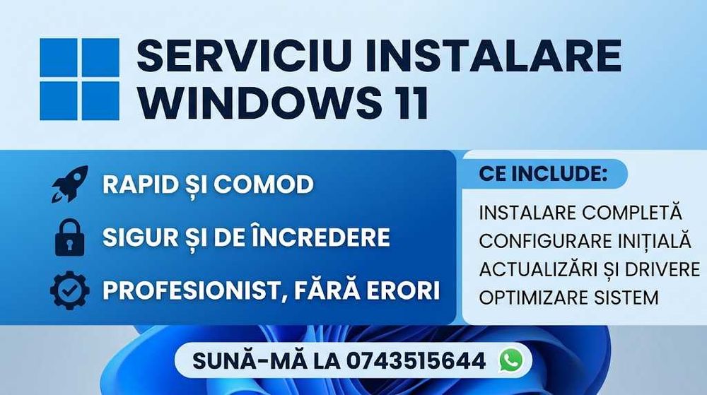 Instalare Windows la domiciliu 150lei + cheie activare (optional)