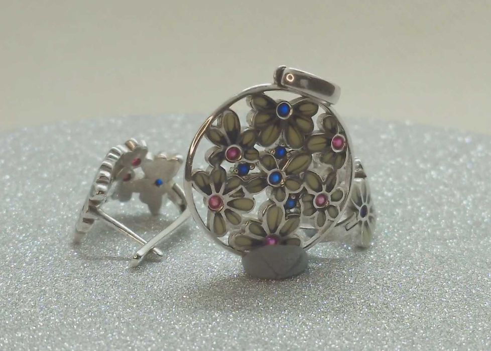 Set floral din argint 925 cu email, rubine și spinel albastru