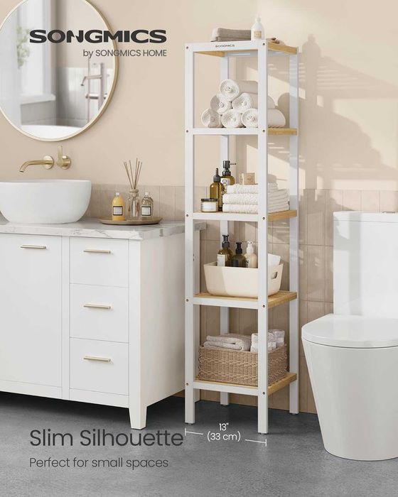 Etajera ingusta din bambus, Songmics, 5 rafturi, alb/lemn