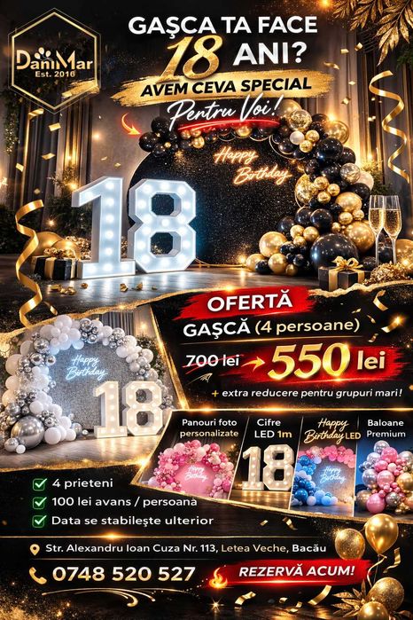 Decor majorat Bacău | Panou foto 18 ani LED | Ofertă gașcă reducere