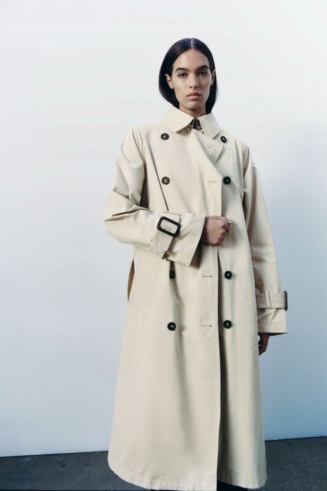 Trenci midi bej deschis cordon in talie double breasted Zara marimea M