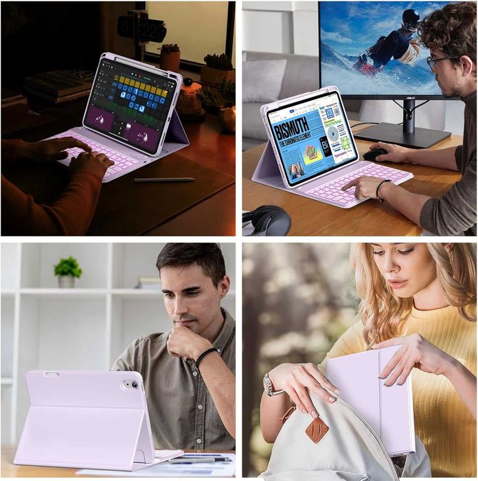 Калъф BQDIYOO с клавиатура за iPad 10 10,9 инча, 7 подсветка, лилав
