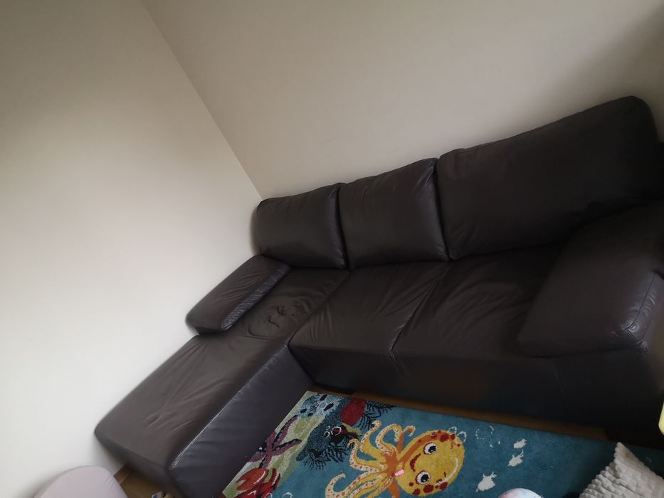 Кожен диван естествена кожа тъмно кафяв с лежанка