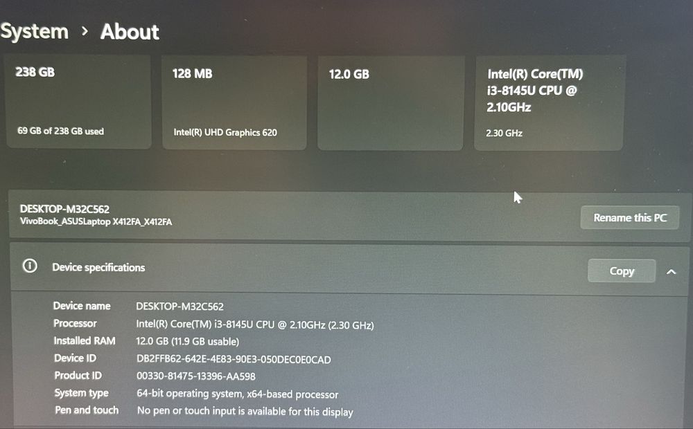Laptop ASUS VivoBook X412FA - i3-8145U, 12GB RAM, SSD 256GB