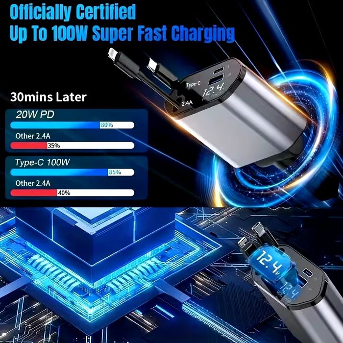 4-в-1 прибиращо се зарядно за кола