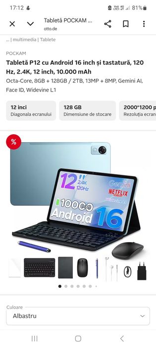 Tableta Pockam P12 12"inch Octa-core 10.000 mAh batery Noua