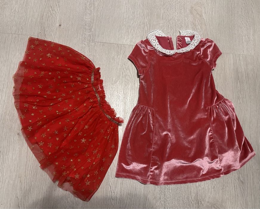 Fustita rosie cu stelute si rochita catifelata cu dantela, 18-36 luni