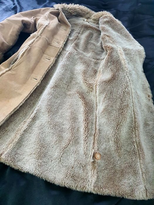 Haină de blană din piele naturala palton damă JFW London M 38 soft suede îmblănit bej lungă de iarnă