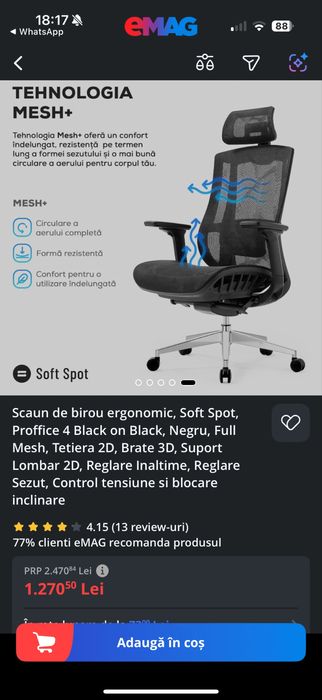 scaun de birou ergonomic, aerisit, multiple reglaje lombar gat cotiere, etc