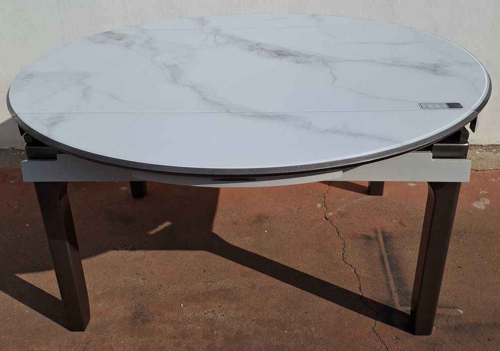 Masa MARMURA Alba cu insertii gri in valuri 150x90->150x150