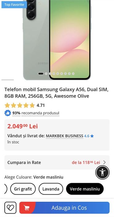 Samsung a56 5g 256 GB 8 GB ram are folie pusă ofer și 2 huse și cutie