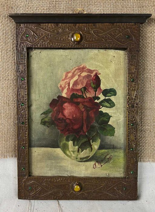 Tablou vechi ulei pe panza trandafiri inramat