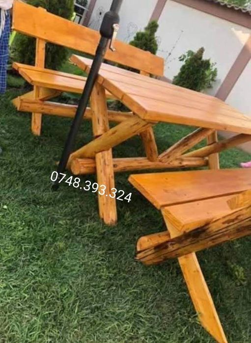 Masa cu bănci și scaune din bușteni rustic masiv