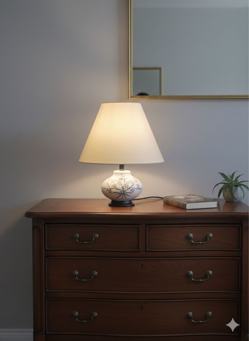 Lampa  veioză vintage ceramică, model floral pictat portelan abajur