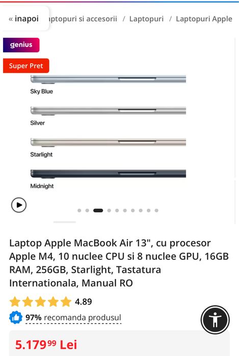 Macbook air 13” M4, 256gb, starlight, sky blue, sigilat,transport ZERO