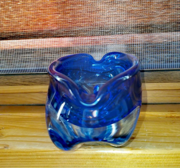 Антикварна Мурано кристална купа пепелник кобалтово синя ръчно правена