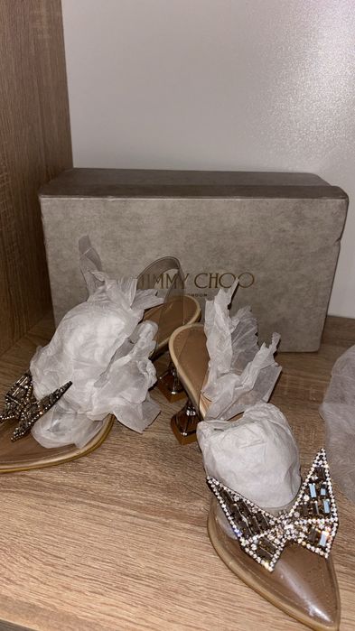 Pantofi cu toc transparenți cu fluture cristal