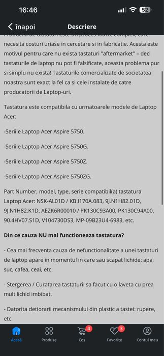 Tastatura lapto  ACER ASPIRE 5338 ,5738, 5741, 5741G 5742 MAT 5750