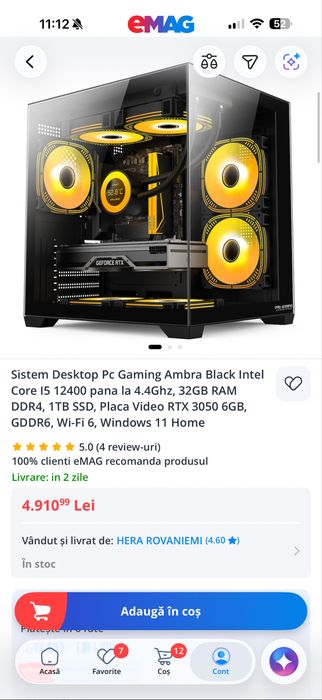 Sistem Desktop Pc Gaming Ambra Black Intel Core I5 12400 pana la 4.4Ghz, 32GB RAM DDR4, 1TB SSD, Placa Video RTX 3050 6GB, GDDR6, Wi-Fi 6, Windows 11