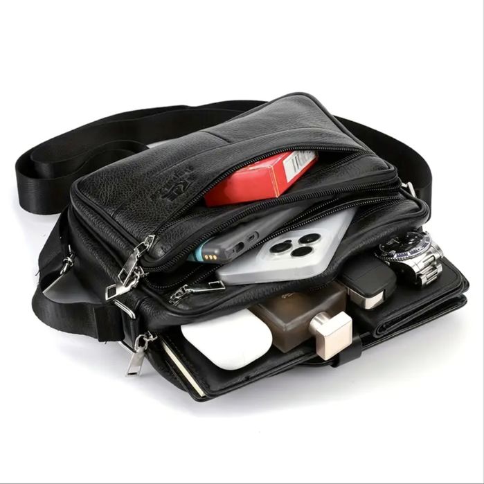 Мъжка кожена правоъгълна чанта за през рамо /Черна и кафява ест. кожа!