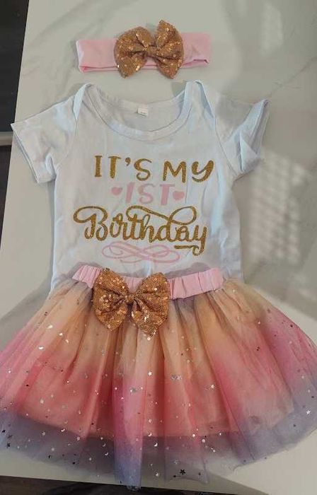 Комплект My first birthday за момиче - Боди, пола и лента 1 година