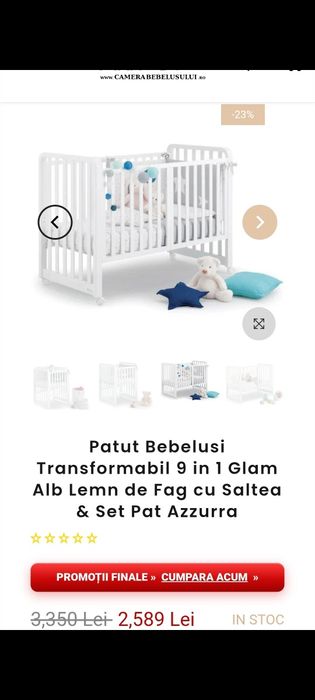 Patut Bebelusi Transformabil 9 in 1 Glam Alb Lemn de Fag cu Saltea & Set Pat Azzurra