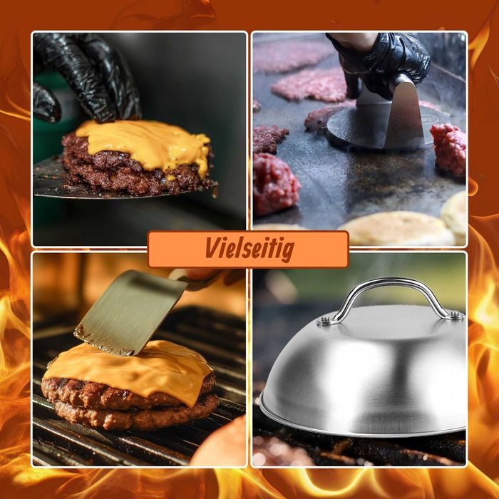 Set Smash Burger inox cu presa carne spatula si capac topire cascaval