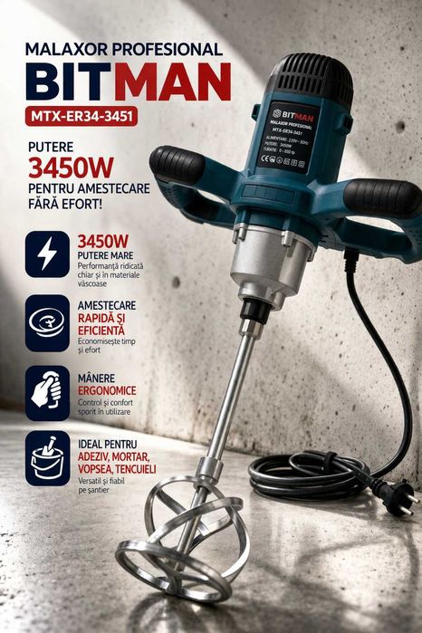 Malaxor Profesional 3450W 2 Palete Puternic Constructii