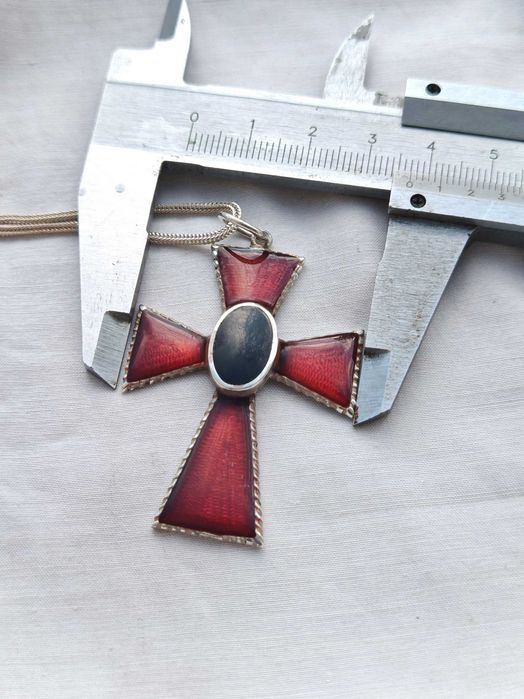 Старинен Антикварен Сребърен Италиански Кардиналски Кръст Червен Емайл