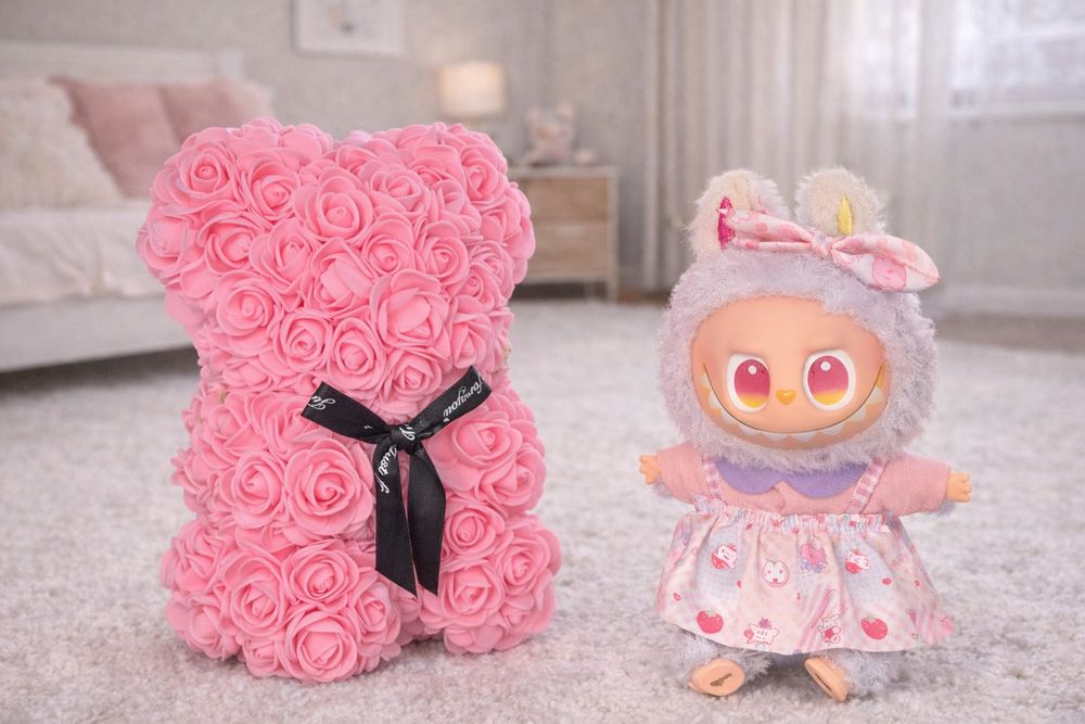 Cadou Labubu si Ursulet din Trandafiri 25cm cu Flori de Spuma,