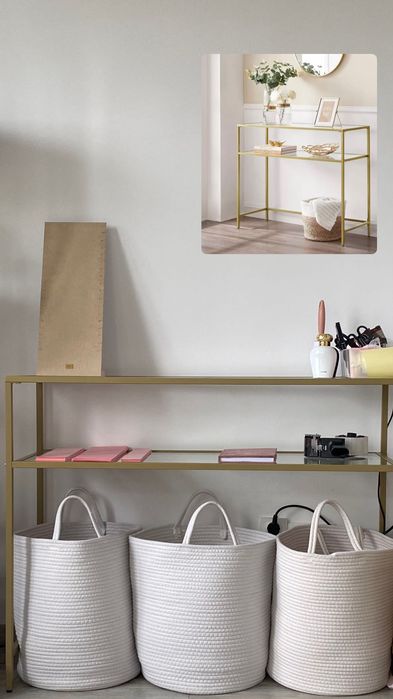 Masă/birou raft inferior cu blat din sticlă securizată, auriu 100x35x80cm