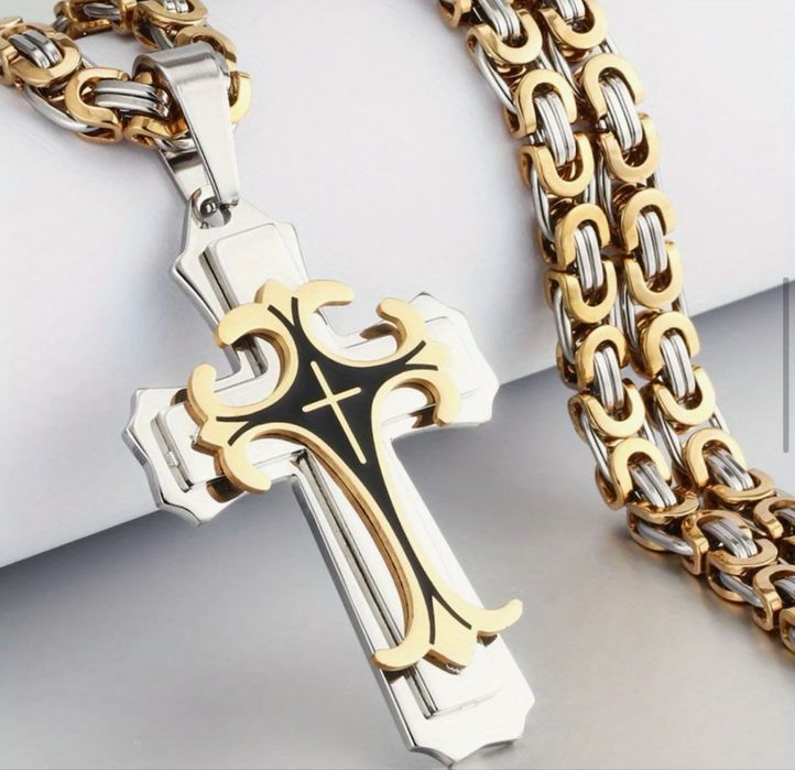 Мъжки синджир с кръст - 18к златно покритие - Неръждаема стомана
