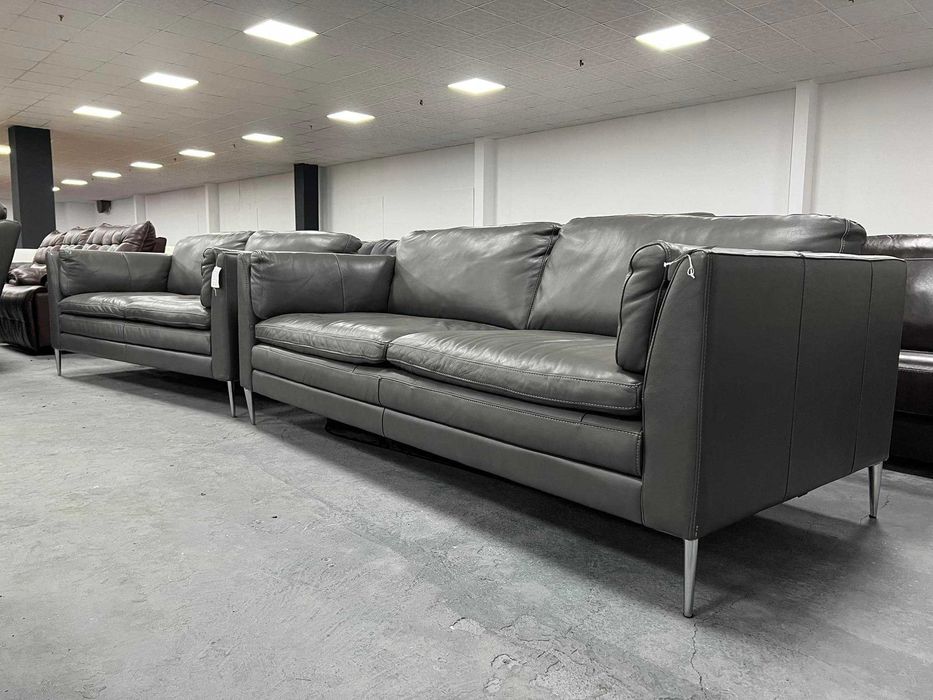 Сиви кожени дивани тройка и двойка - естествена кожа