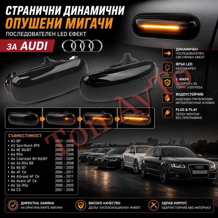 Страничен Опушен Динамичен LED Мигач За Ауди Audi E8 одобрен
