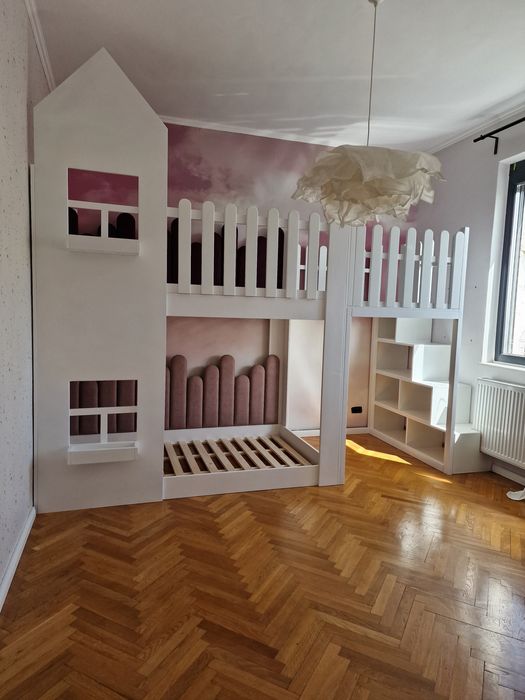 Pat casuta Montessori, pat tapitat, pat copii, pat etajat