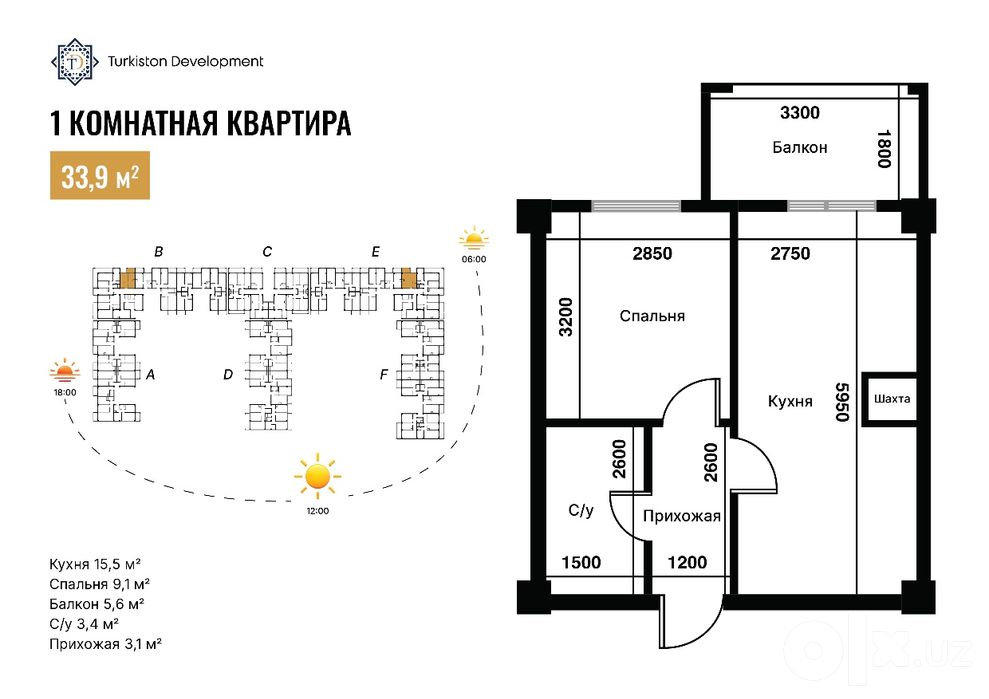 1 ком  квартира 29,1 м²  идеальный старт для новой жизни ЖК Туркистон