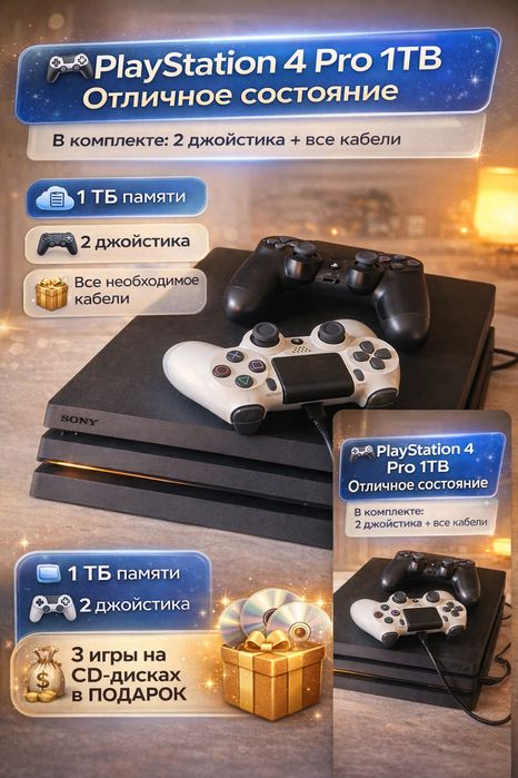 PlayStation 4 Pro 1TB + 2 джойстика