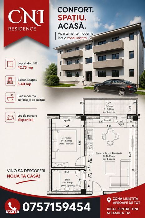 Apartament 2 cam 42 mp Hlincea